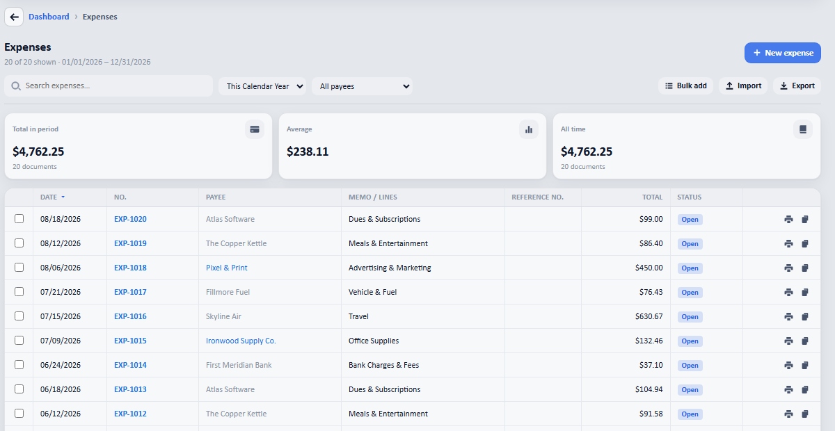 Open a list, Expenses here, and tick the rows you want to act on. A bar appears with what you can do to all of them.