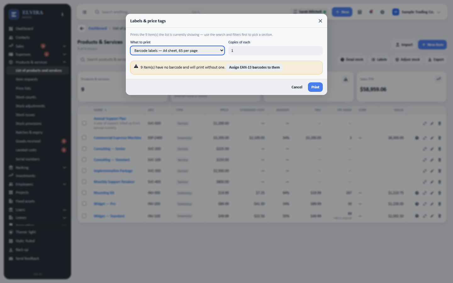 Filter the products list to what you want to print, then press Labels. It prints whatever the list is showing, so the filter is how you choose.