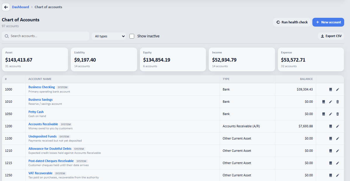 Open Accounting → Chart of accounts and find your freight, shipping, duty or clearance account.