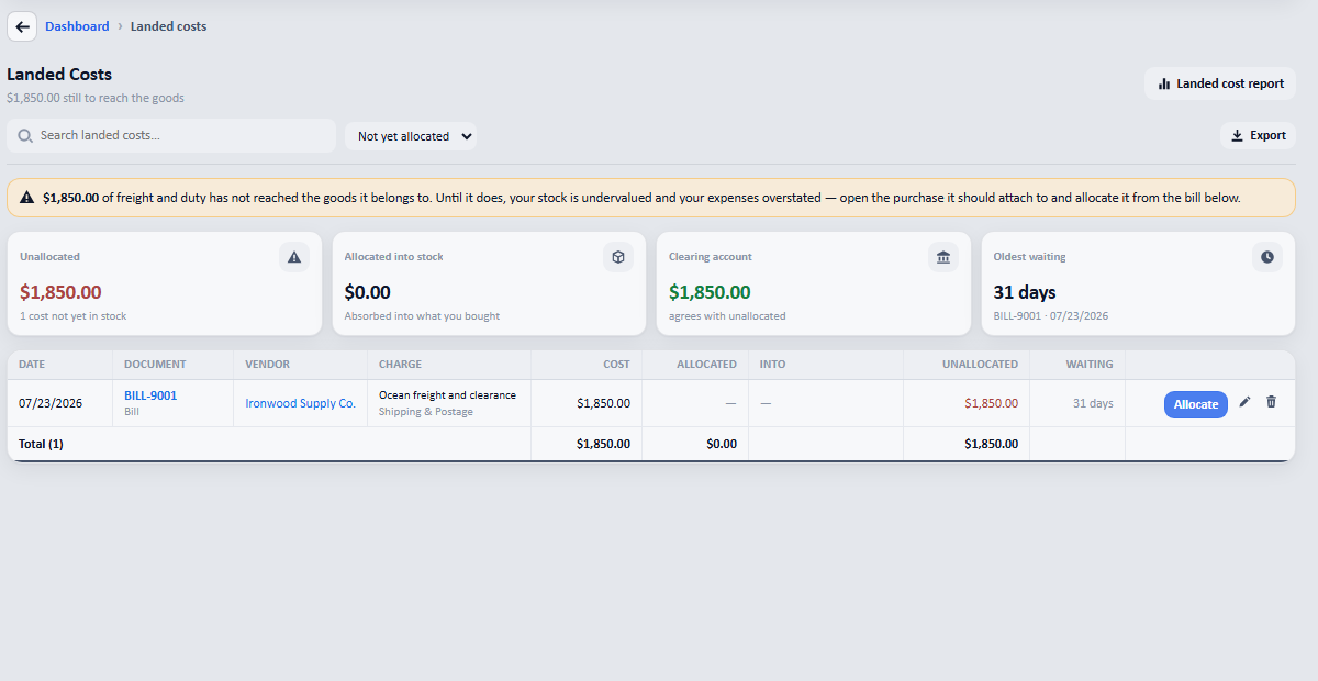 From then on, any bill hitting that account appears under Products and stock → Landed costs, waiting to be allocated rather than quietly expensed.