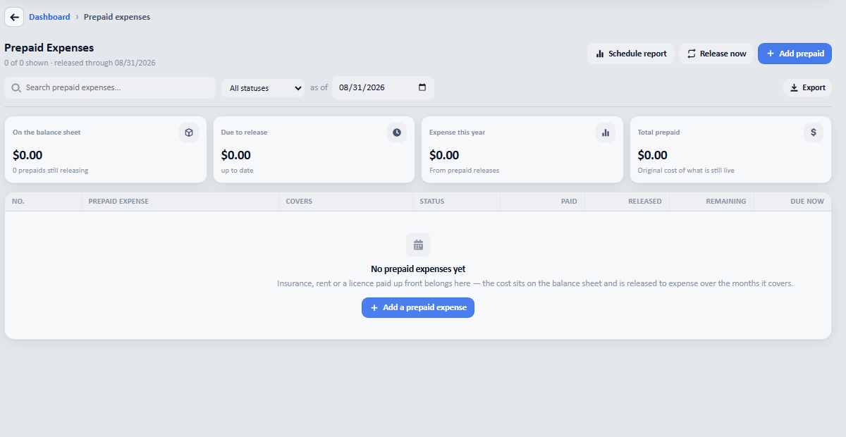 Open Expenses → Prepaid expenses and press Add prepaid.