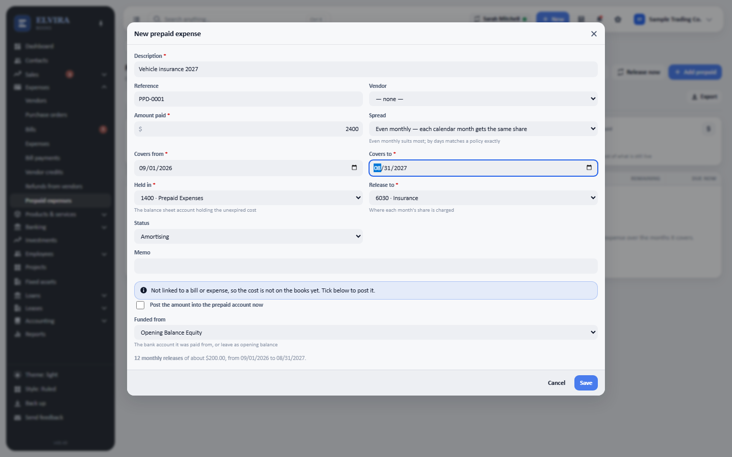 Fill in the description, the amount paid, and the period it covers: Covers from and Covers to. Choose which expense account it should be charged to under Release to.