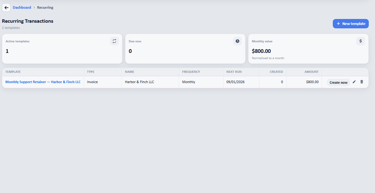 Open Accounting &rarr; Recurring. Anything due to run is shown at the top.