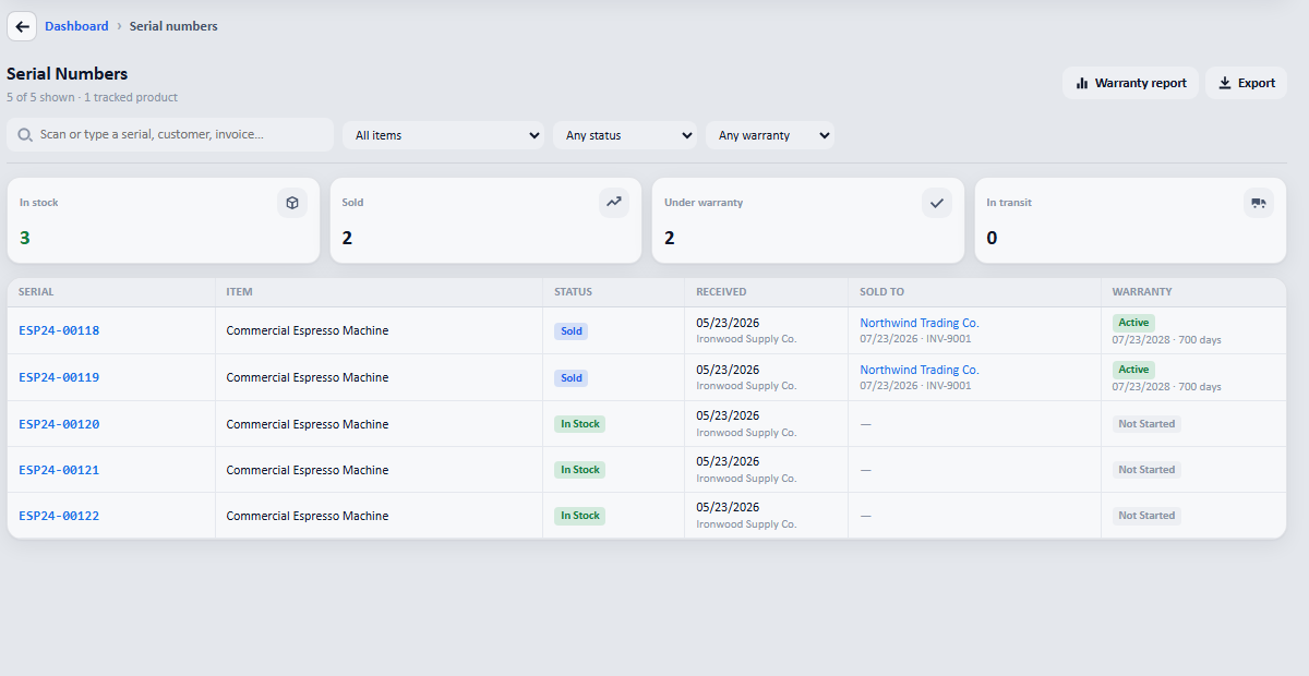 Open Products and stock → Serial numbers.