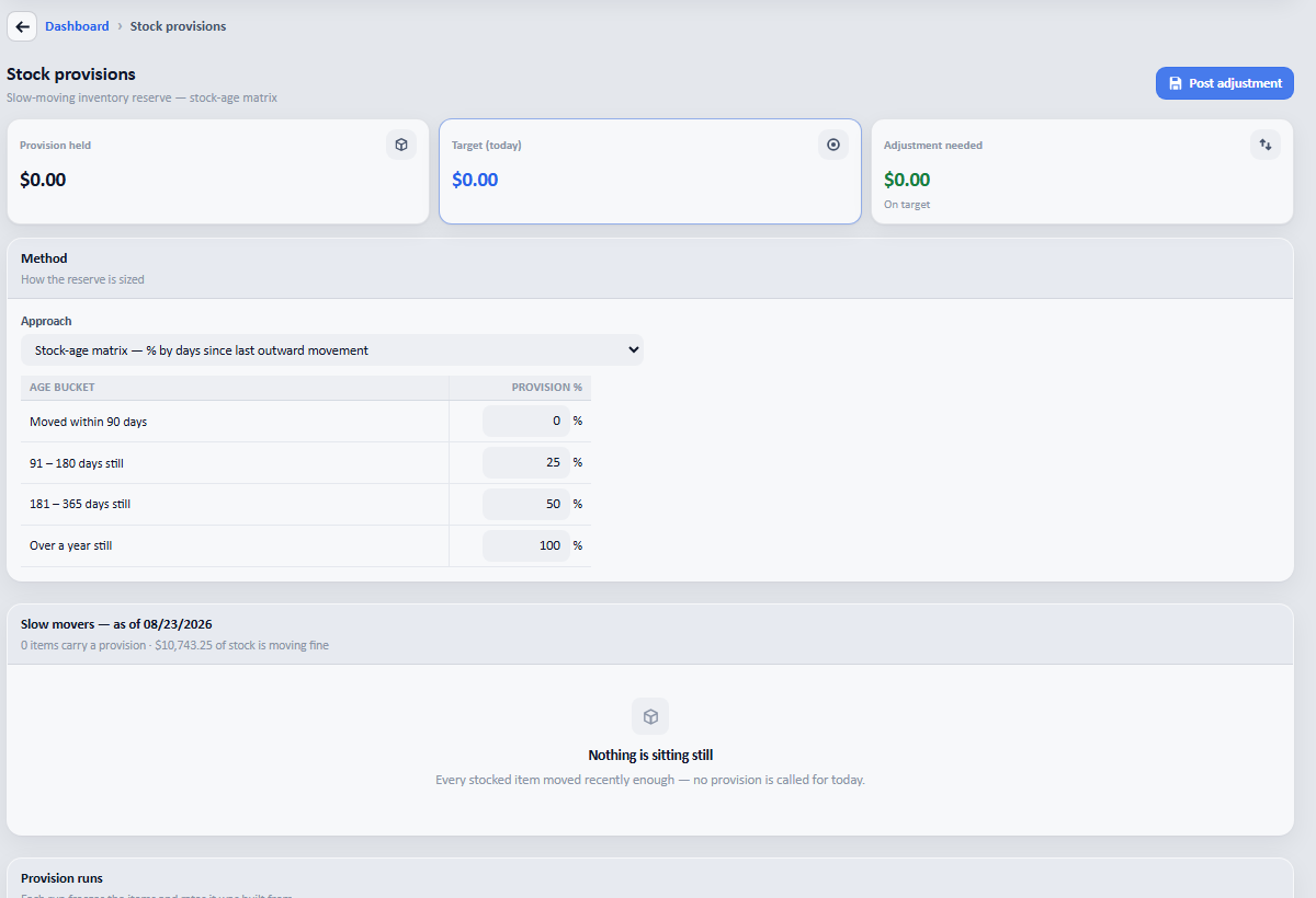 Open Products and stock → Stock provisions and choose the approach under Method.